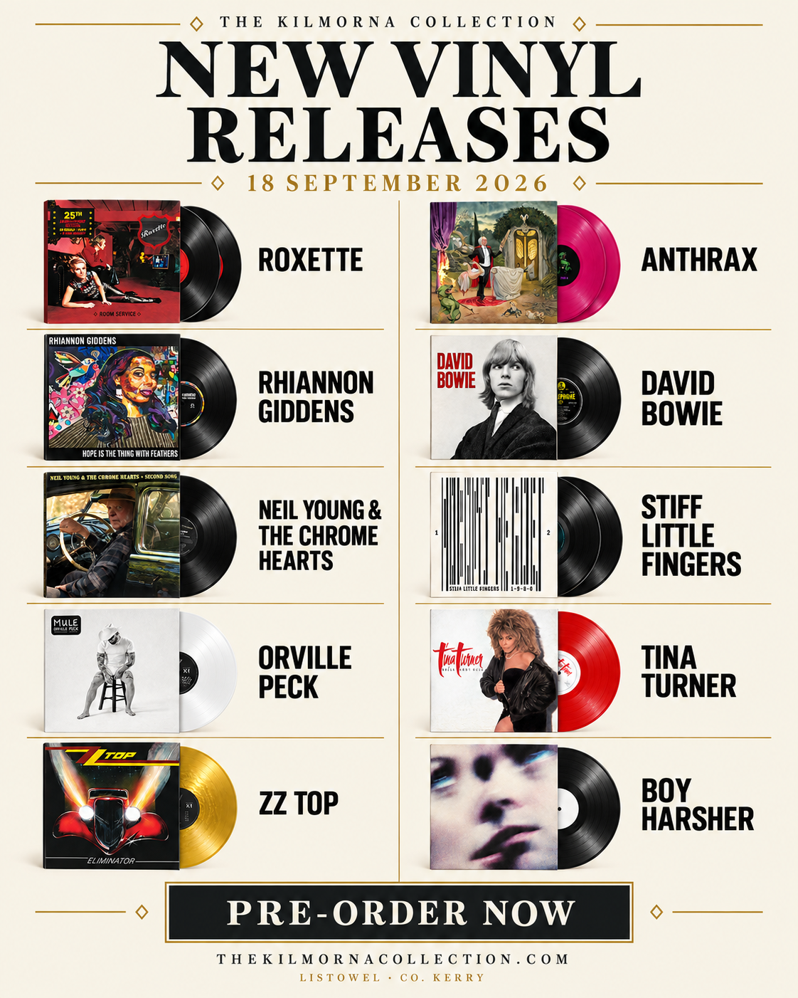 Kilmorna banner showing ten vinyl releases available to pre-order for 18 September 2026