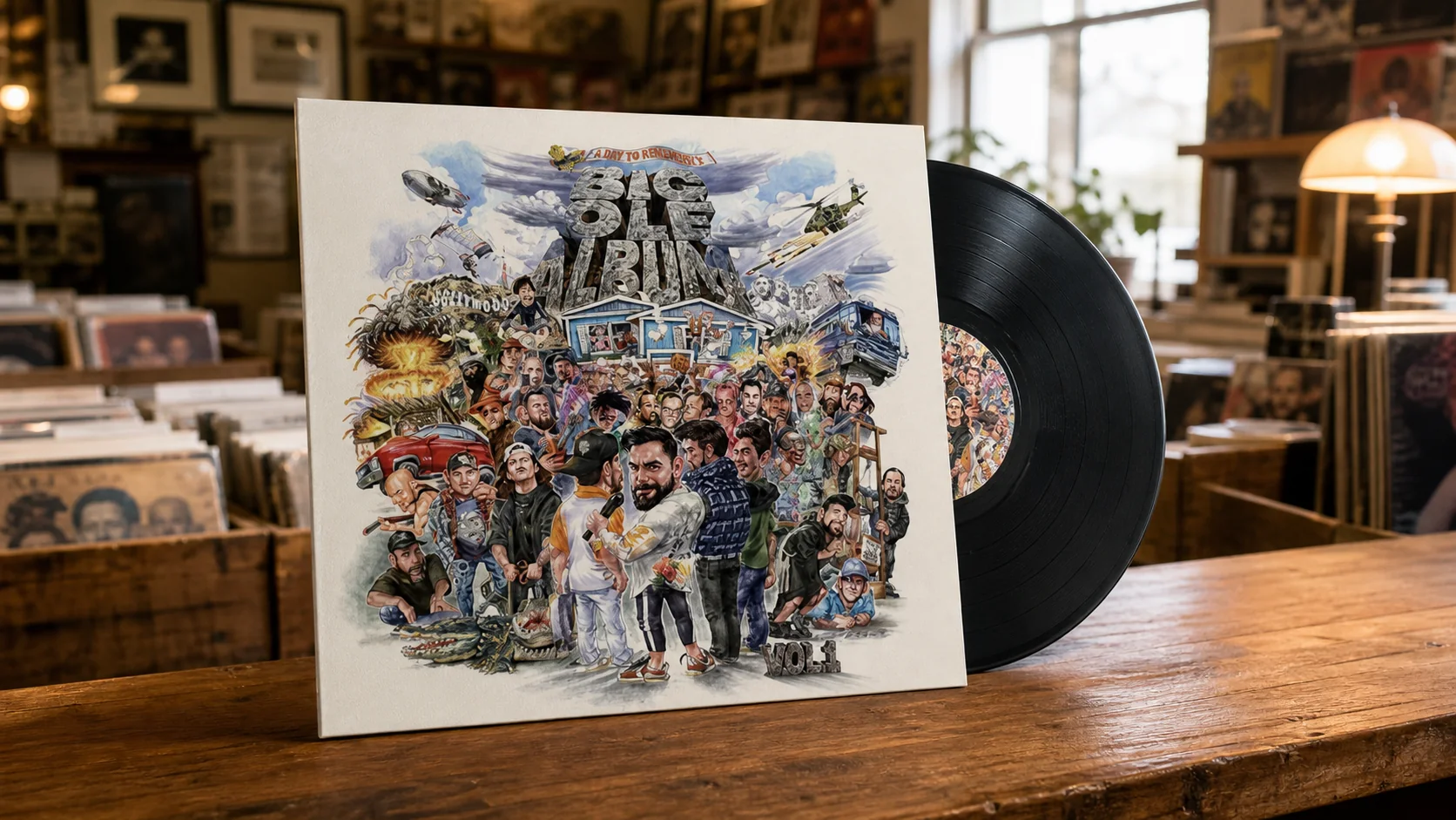 A Day to Remember Big Ole Album Vol. 1 vinyl sleeve standing on a warm record shop counter with a black record behind it.