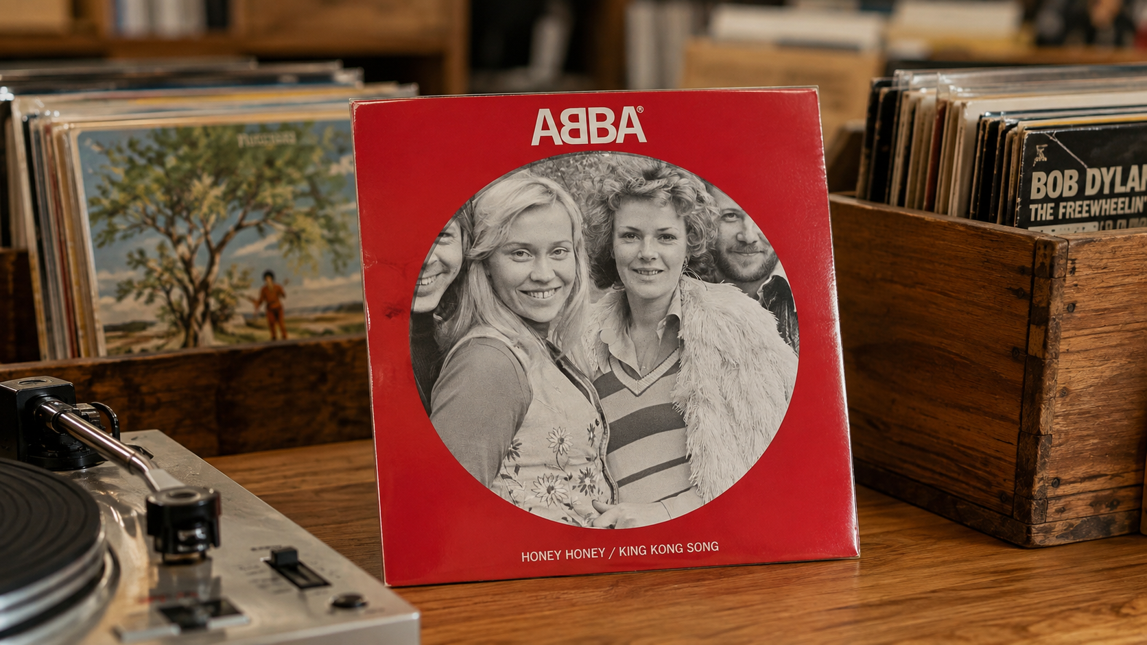 ABBA Honey Honey English King Kong Song 7-inch picture disc sleeve standing on a record shop counter