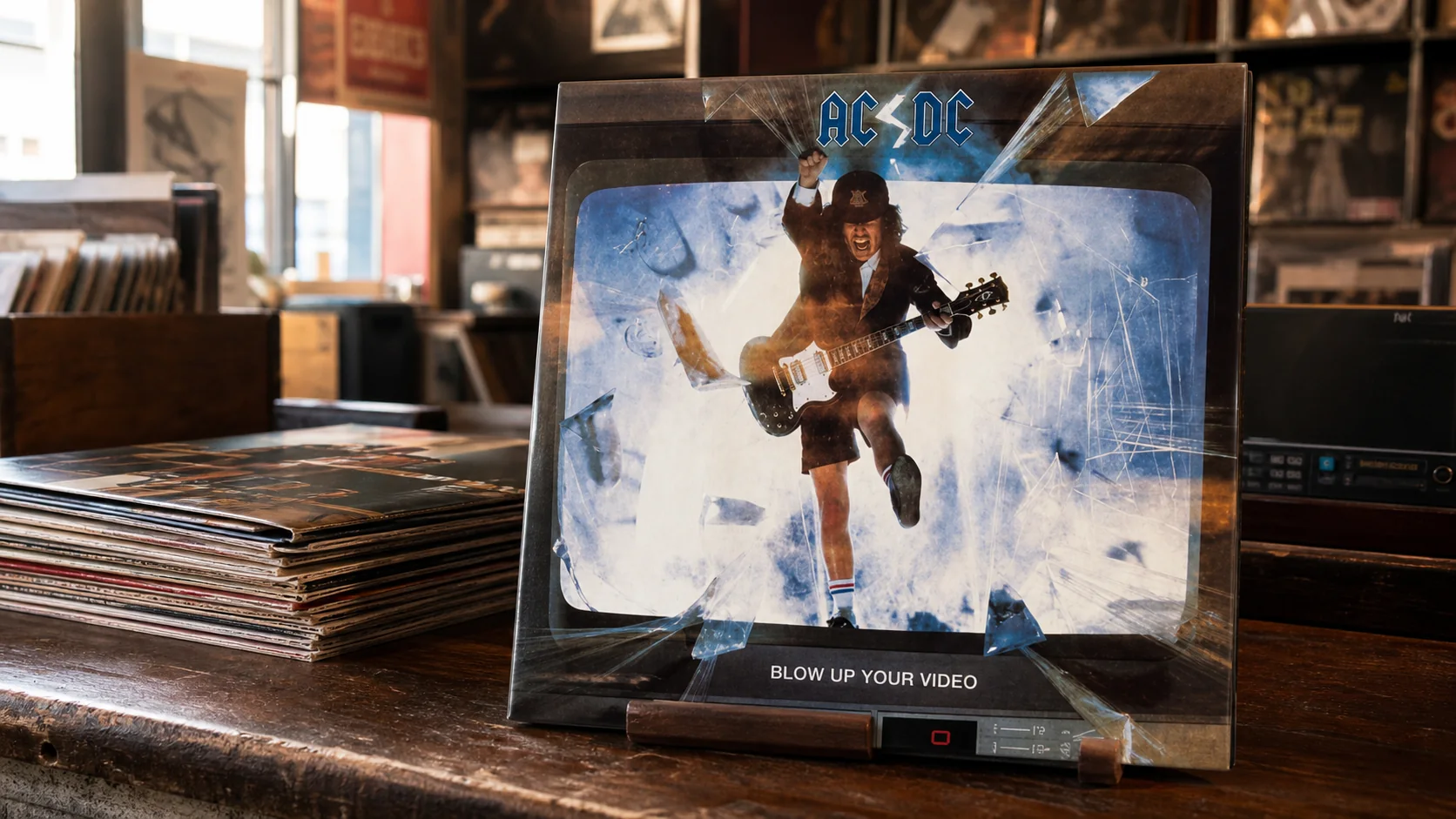 AC/DC Blow Up Your Video vinyl sleeve propped on a warm record shop counter