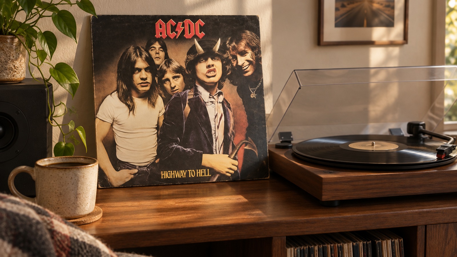 AC/DC Highway to Hell LP vinyl in an illustrative listening scene