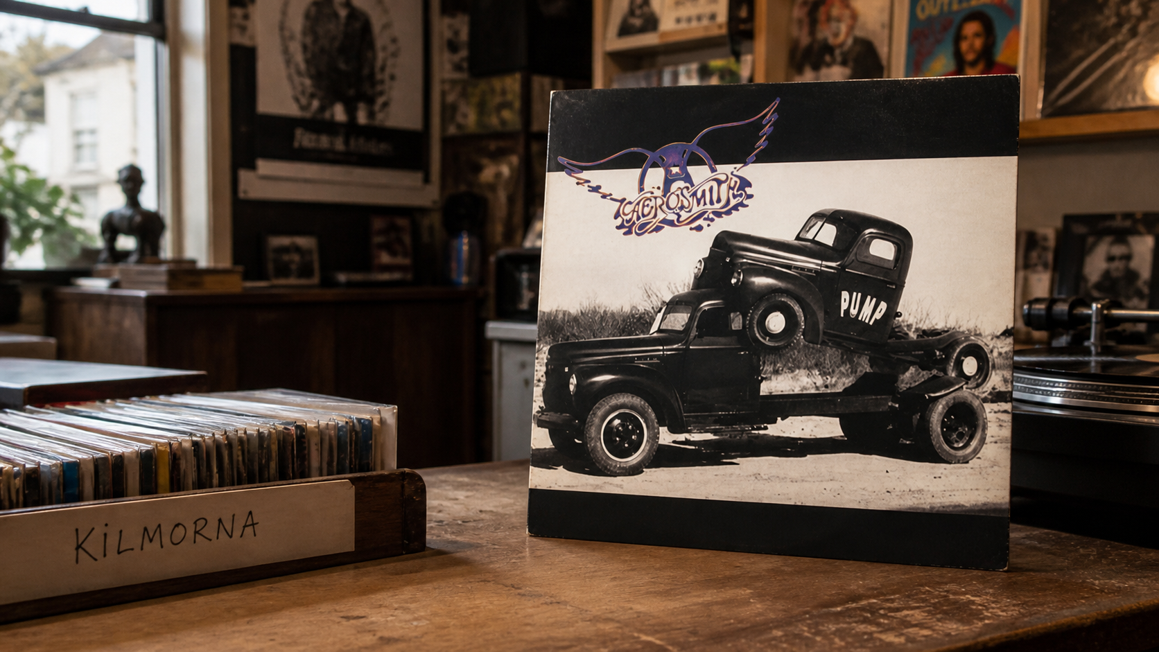 Aerosmith Pump vinyl sleeve standing on a warm record shop counter beside a crate and turntable.