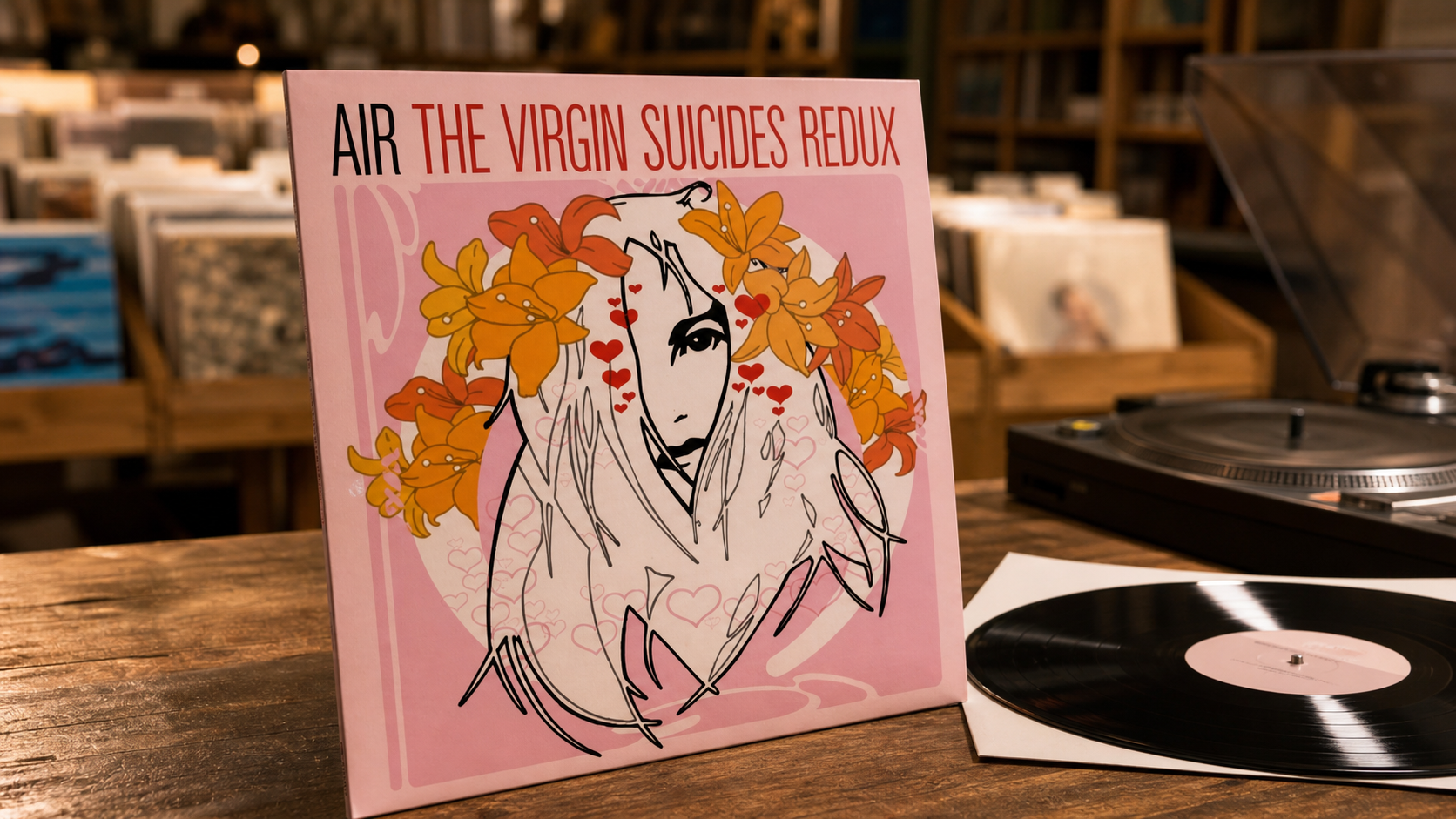 AIR The Virgin Suicides Redux LP sleeve standing on a warm record shop counter beside a vinyl record and turntable.