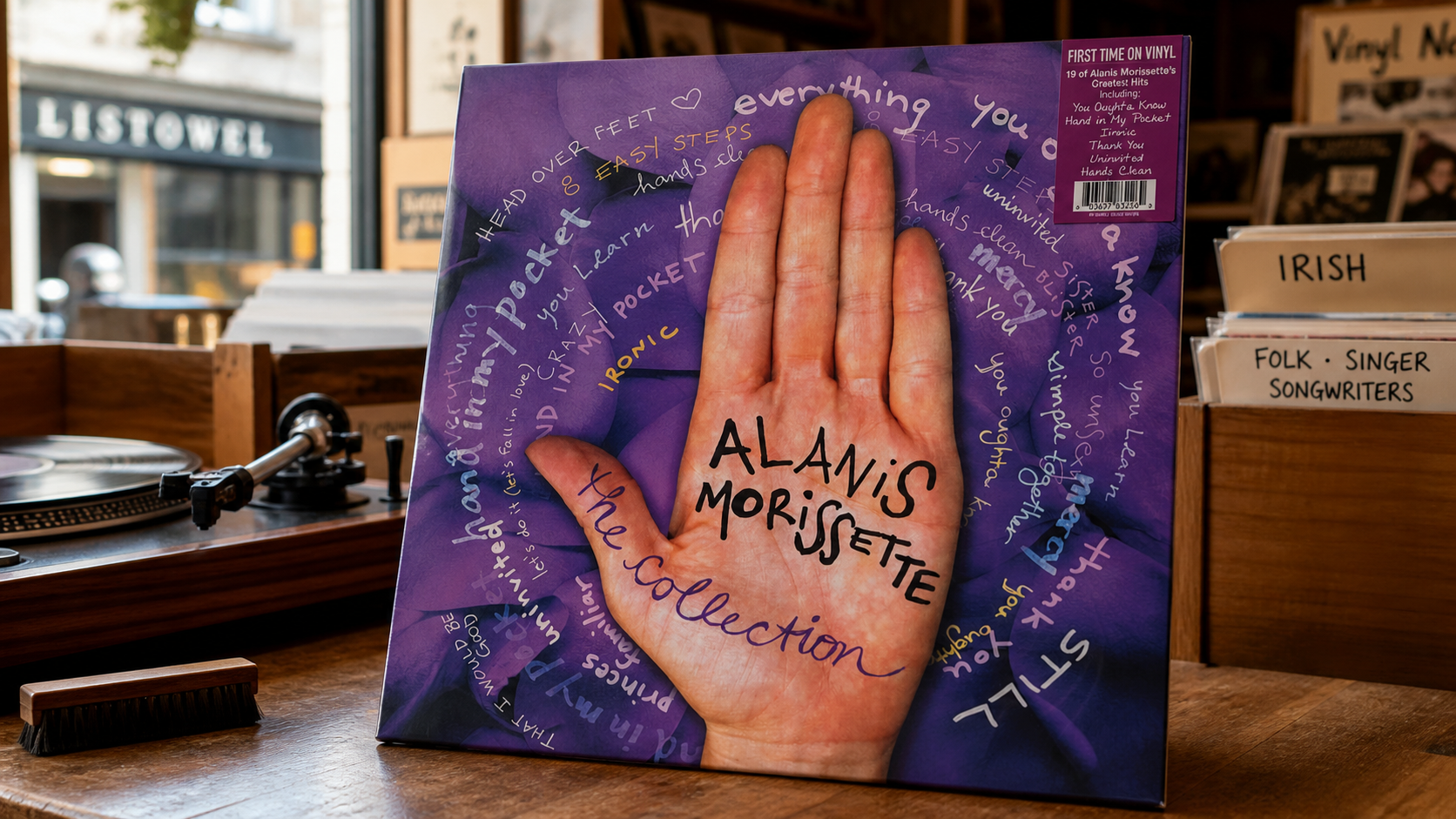 Alanis Morissette The Collection 2LP sleeve standing on a warm record shop counter