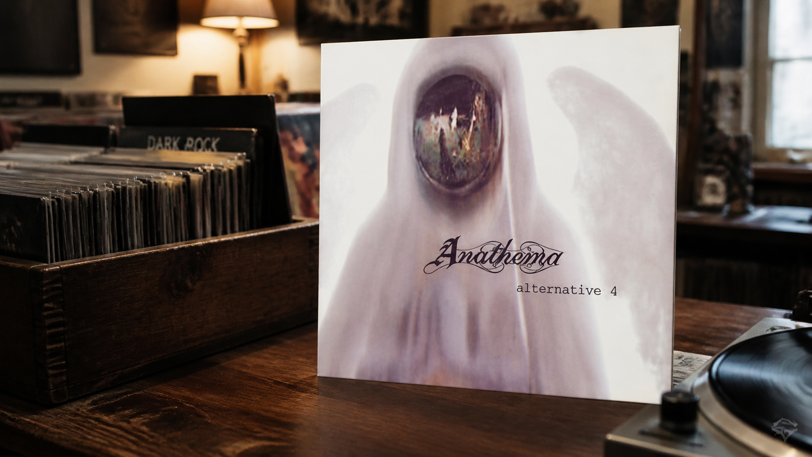 Anathema Alternative 4 LP sleeve standing on a warm record shop counter beside vinyl crates and a turntable.