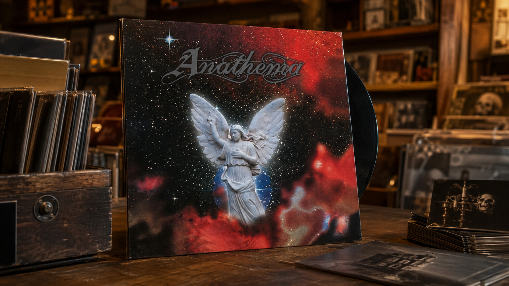 Anathema Eternity vinyl LP sleeve standing on a warm record shop counter with the angel artwork visible