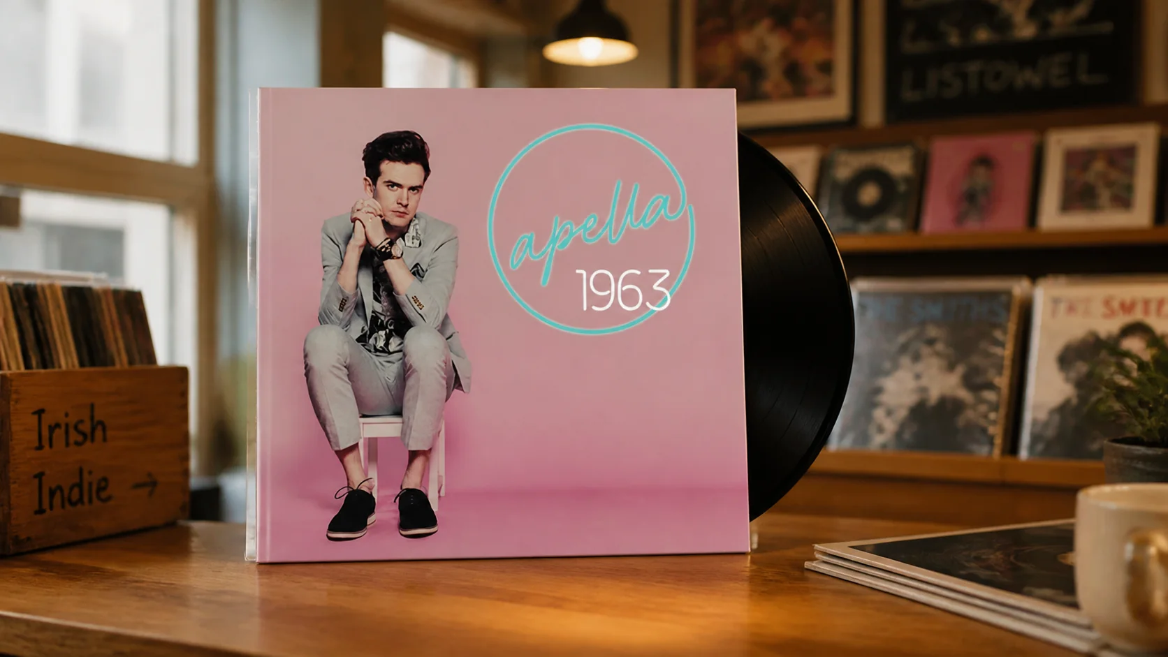 Apella 1963 vinyl sleeve standing on a warm record shop counter with a black record behind it.
