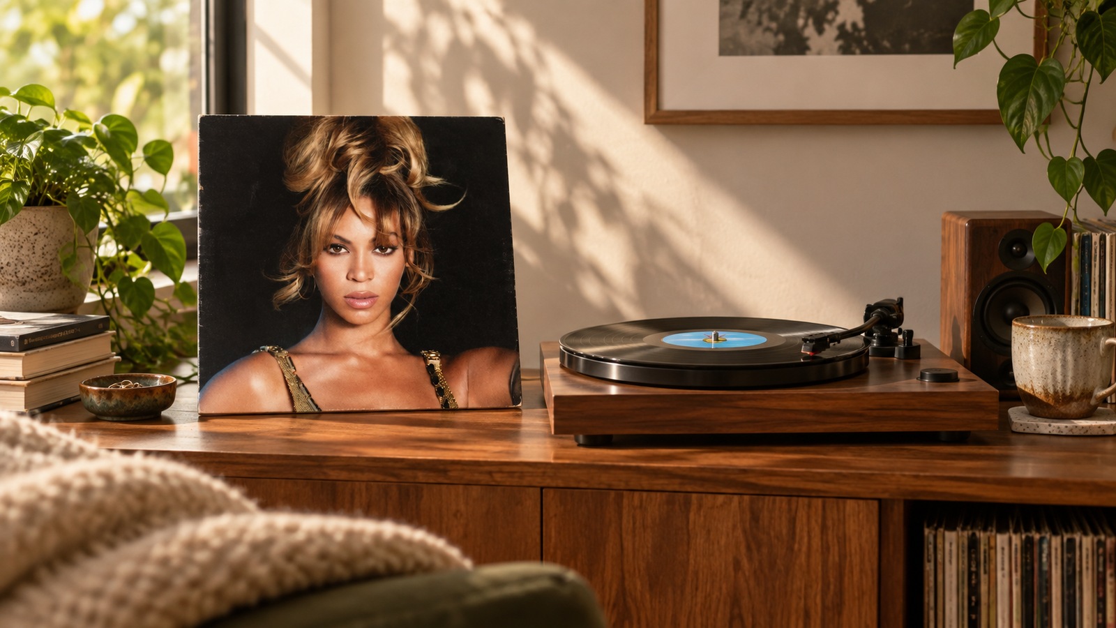 Beyoncé B'DAY (20th Anniversary Edition) 2LP vinyl in an illustrative listening scene