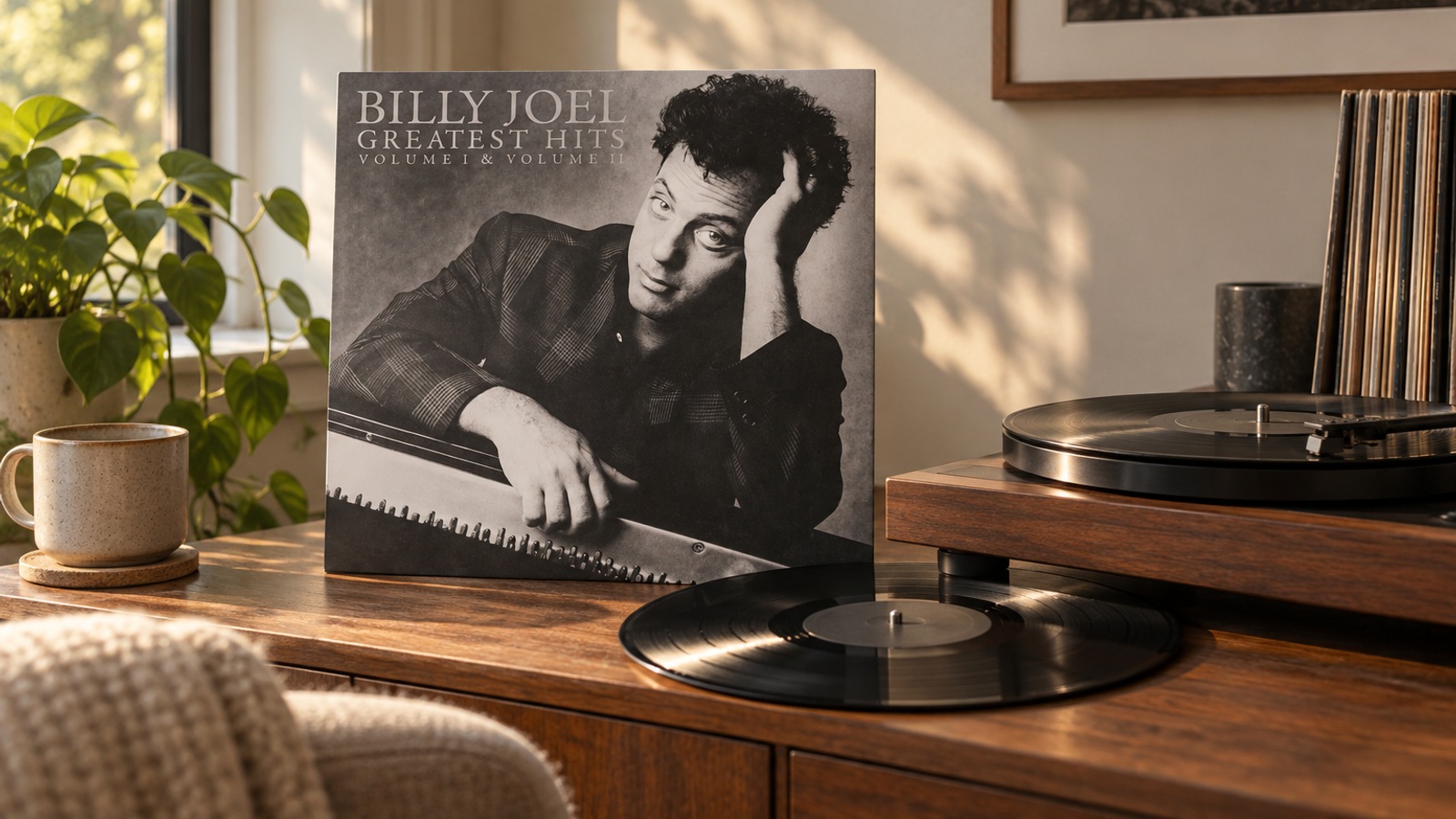 Billy Joel Greatest Hits Volume I & II 2LP vinyl in an illustrative listening scene