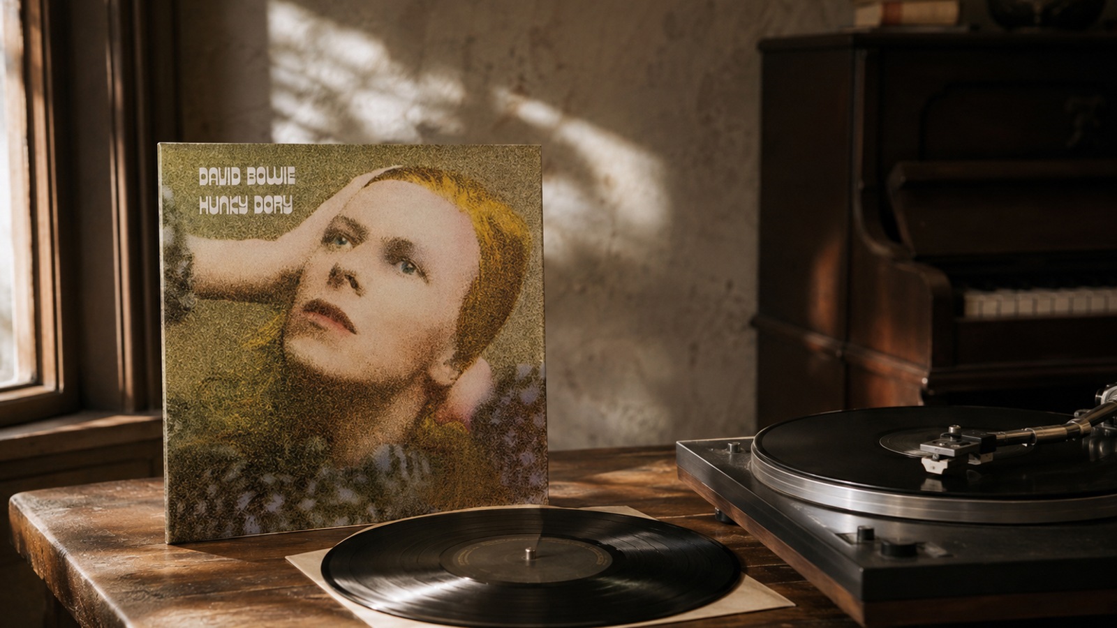 David Bowie Hunky Dory LP vinyl in an illustrative listening scene