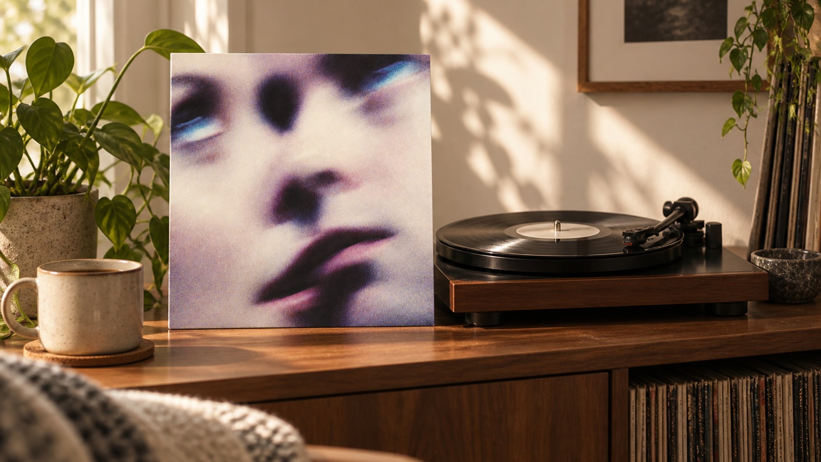 Boy Harsher Get Mean LP vinyl in an illustrative listening scene