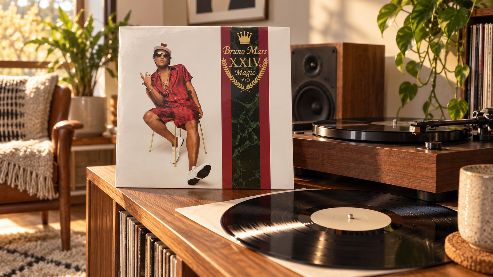Bruno Mars 24K Magic LP vinyl in an illustrative listening scene