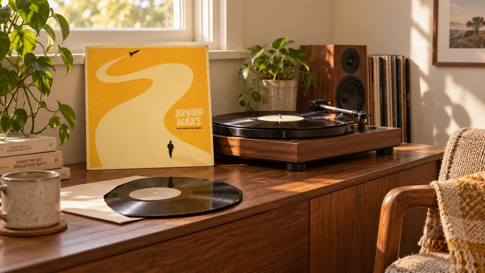 Bruno Mars Doo-Wops & Hooligans LP vinyl in an illustrative listening scene