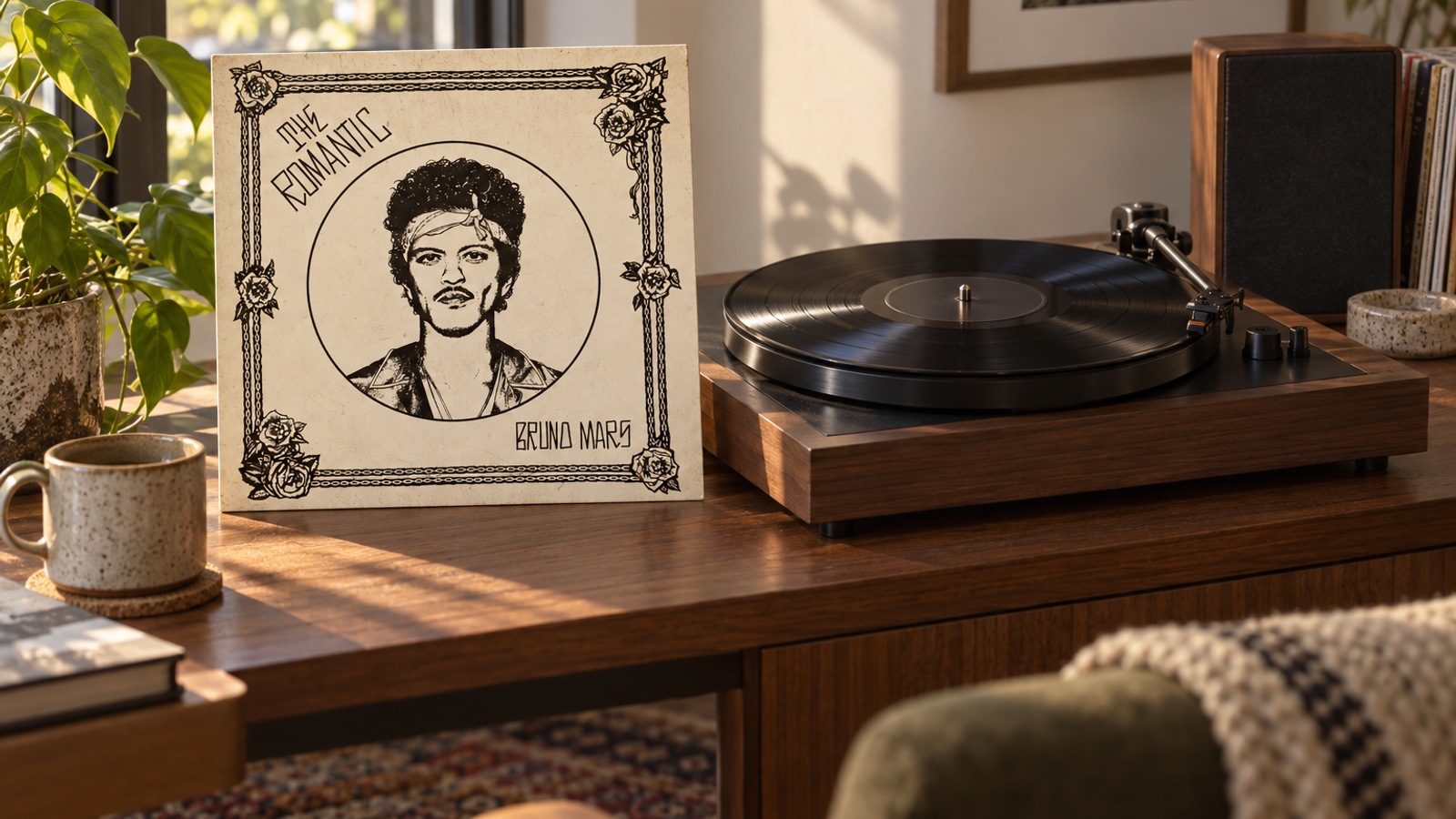 Bruno Mars The Romantic LP vinyl in an illustrative listening scene