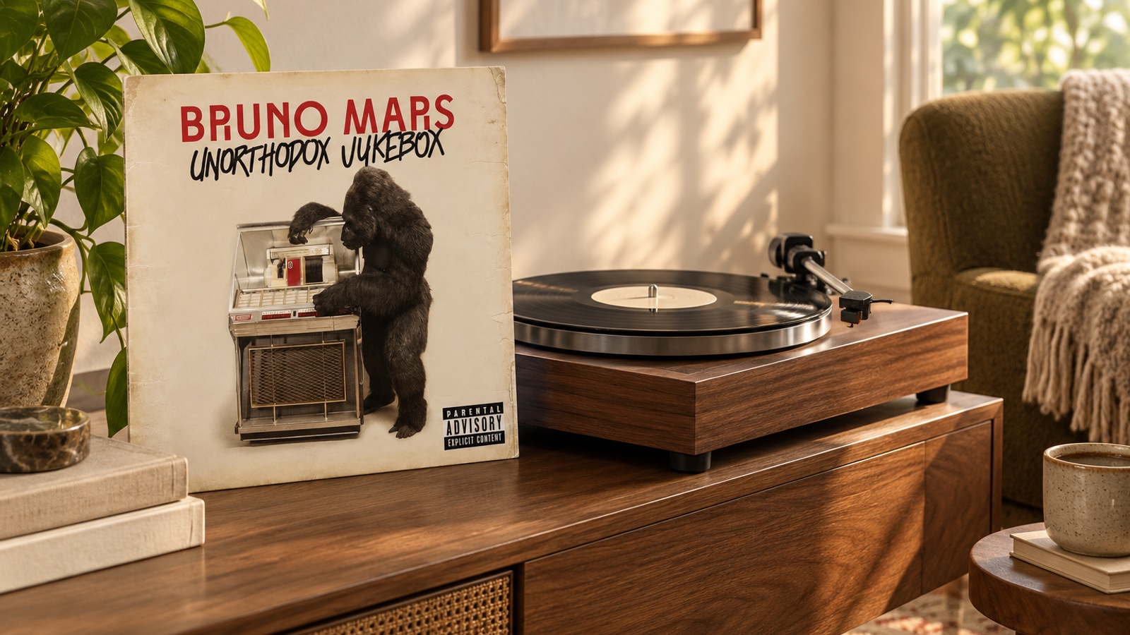 Bruno Mars Unorthodox Jukebox LP vinyl in an illustrative listening scene