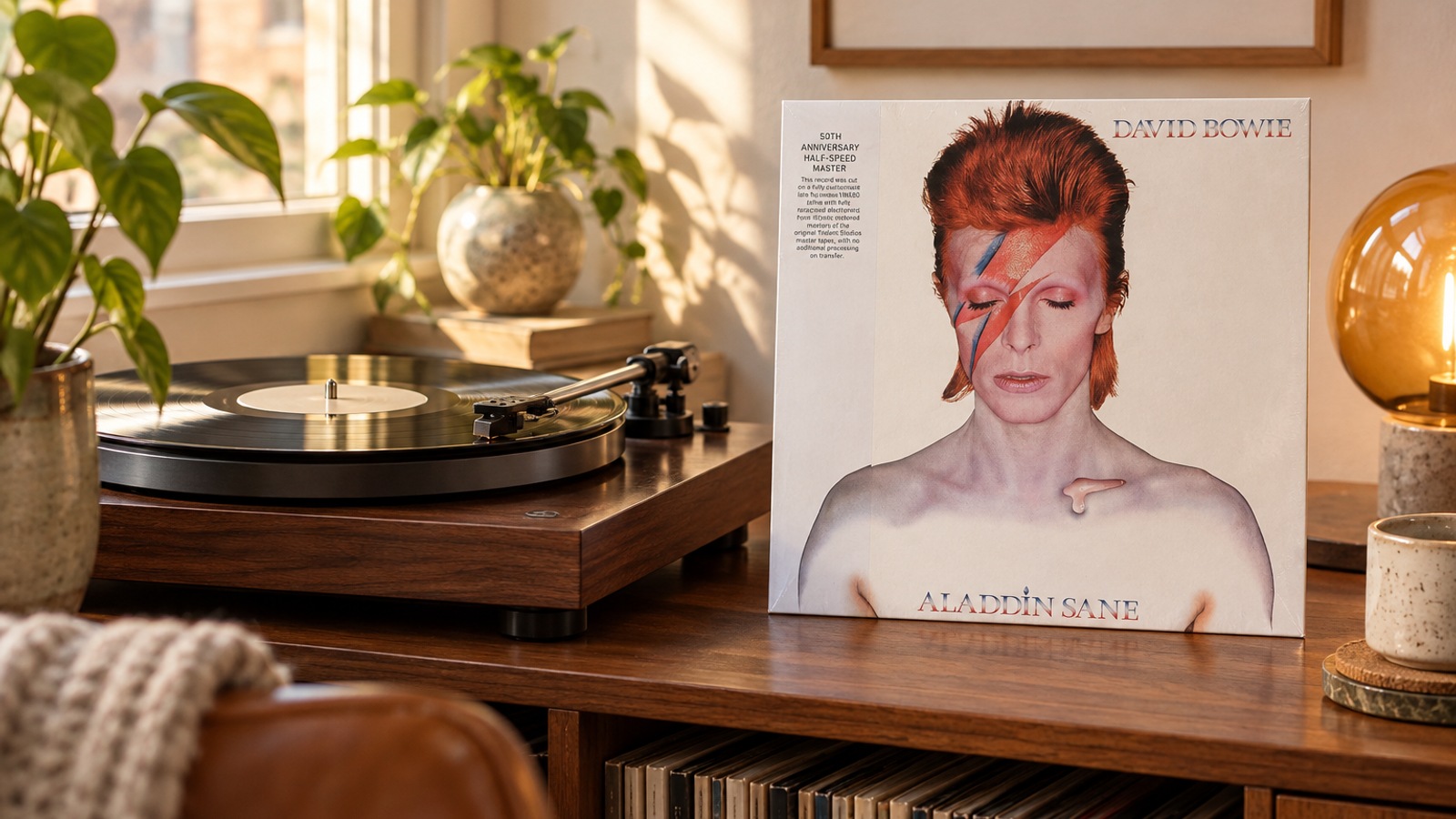 David Bowie Aladdin Sane LP vinyl in an illustrative listening scene