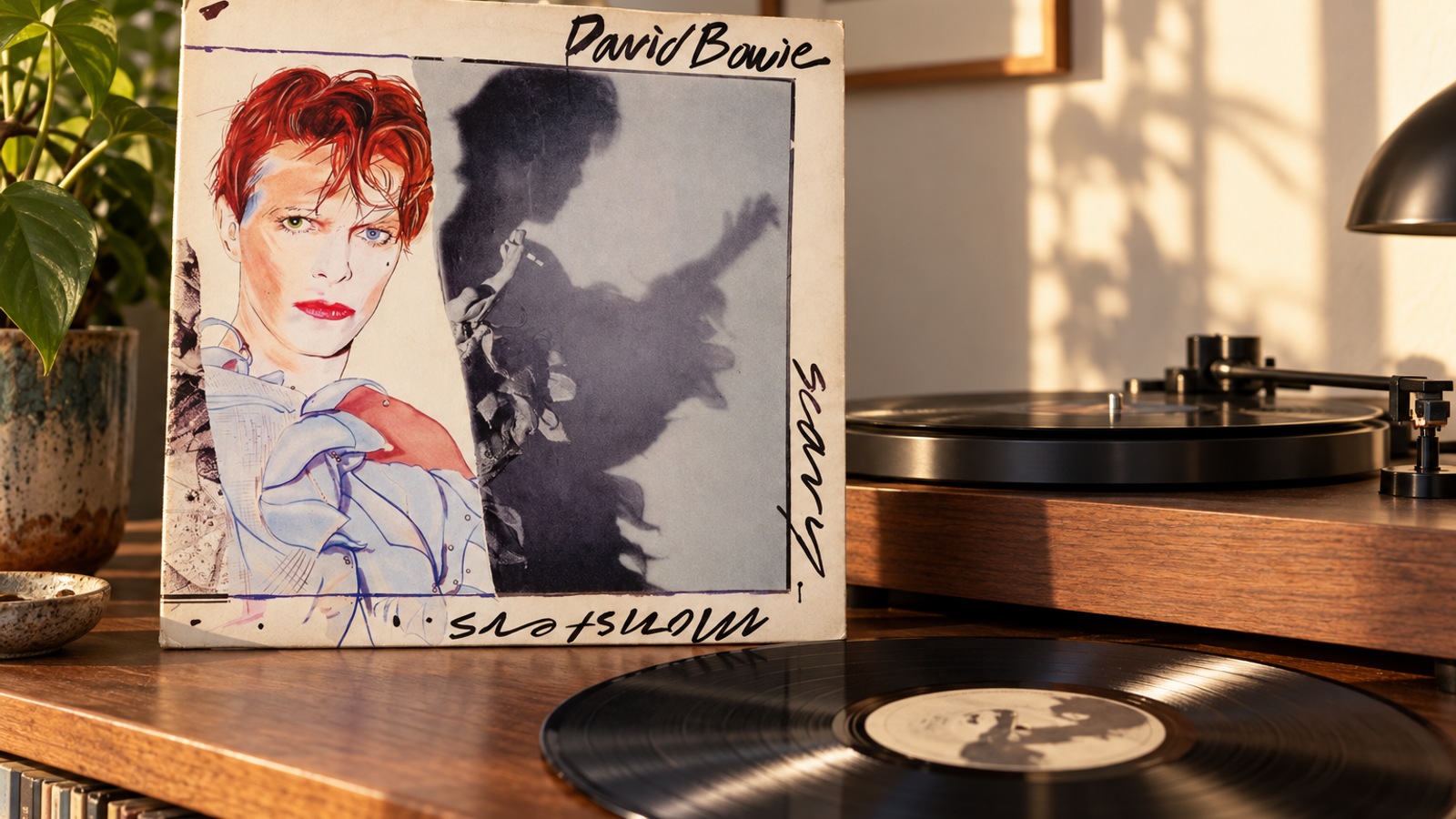 David Bowie Scary Monsters (And Super Creeps) LP vinyl in an illustrative listening scene