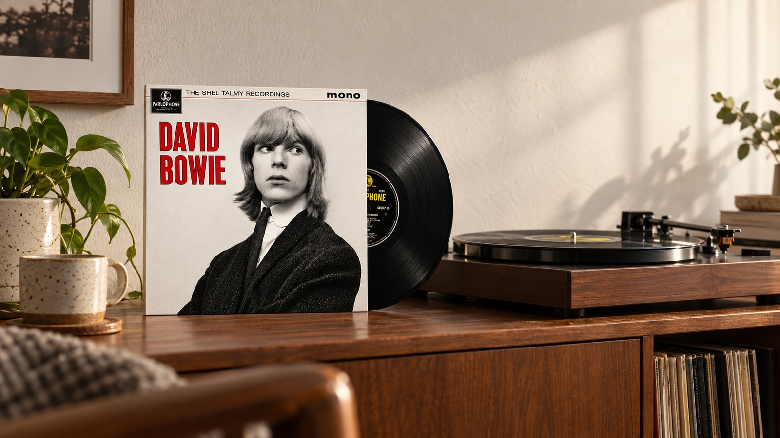 David Bowie The Shel Talmy Recordings LP vinyl in an illustrative listening scene