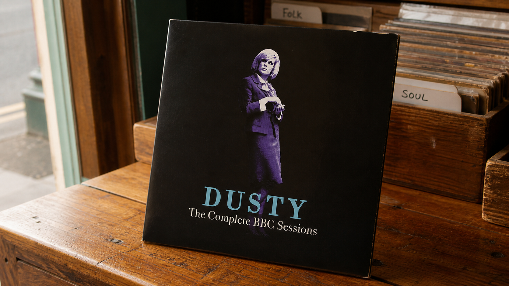 Dusty Springfield The Complete BBC Sessions vinyl record staged on the Kilmorna record shop counter