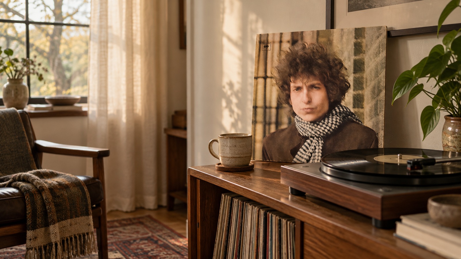 Bob Dylan Blonde on Blonde 2LP vinyl in an illustrative listening scene