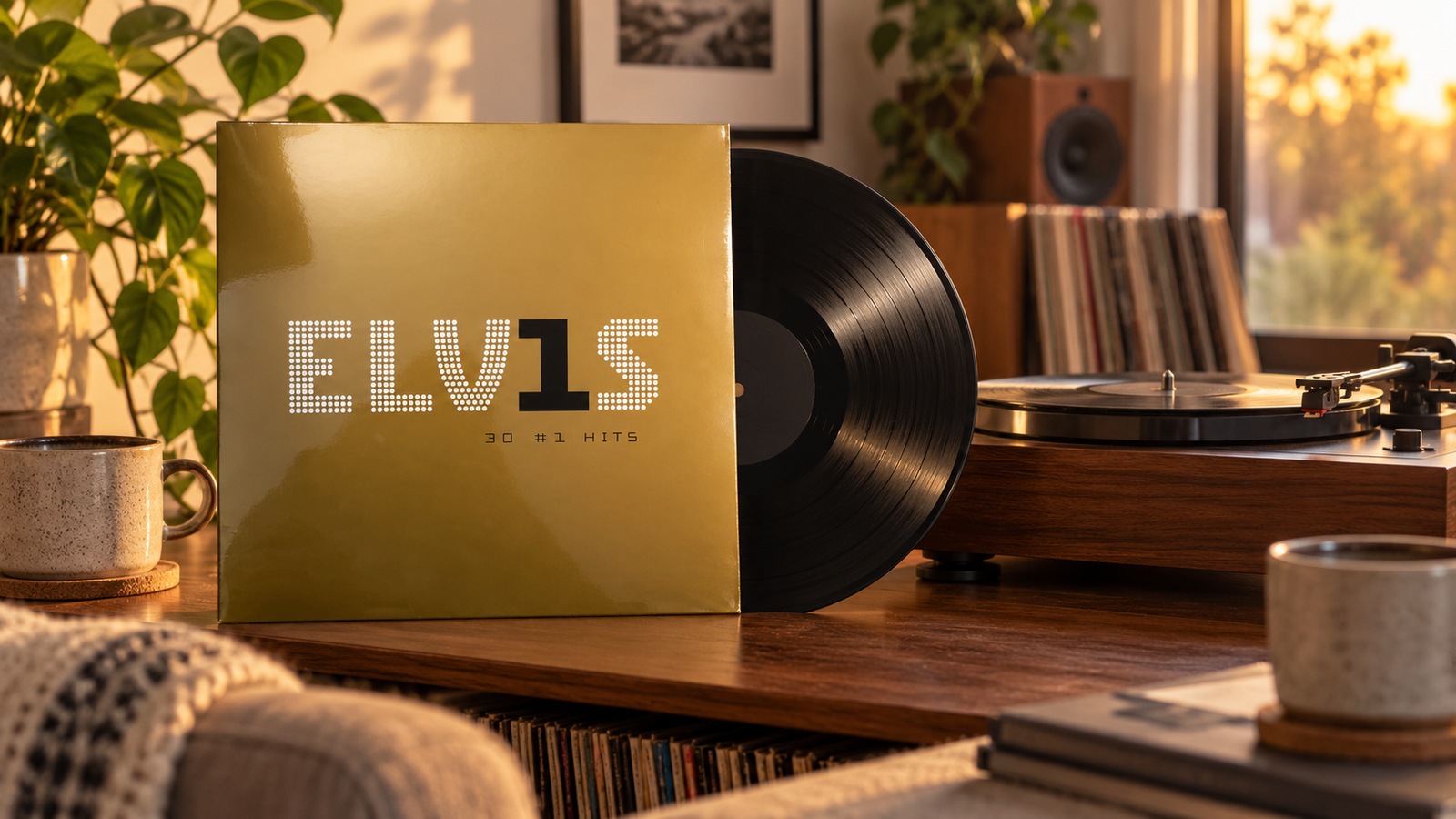 Elvis Presley ELV1S: 30 #1 Hits 2LP vinyl in an illustrative listening scene