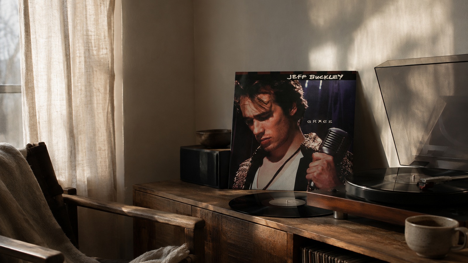 Jeff Buckley Grace LP vinyl in an illustrative listening scene