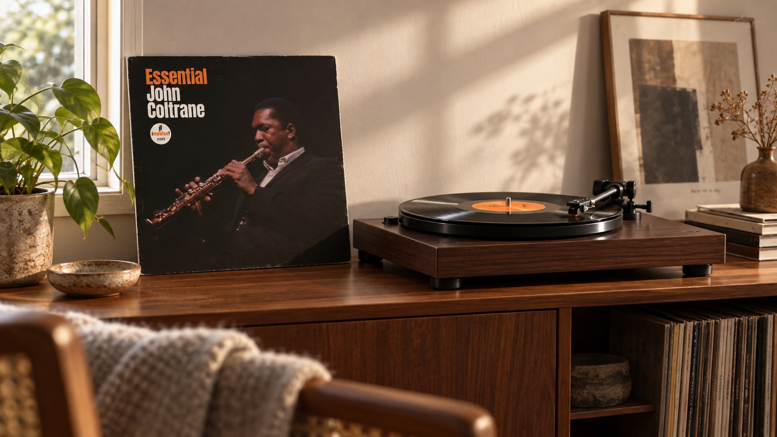 John Coltrane Essential John Coltrane 2LP vinyl in an illustrative listening scene
