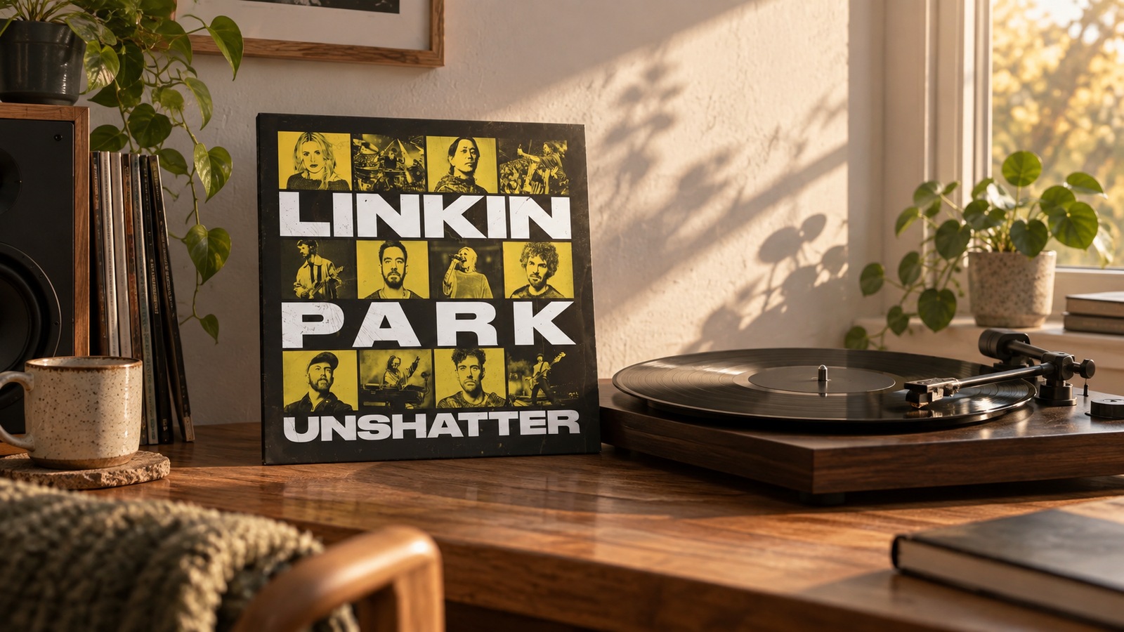Linkin Park UNSHATTER Film Soundtrack (Live in São Paulo) 2LP vinyl in an illustrative listening scene