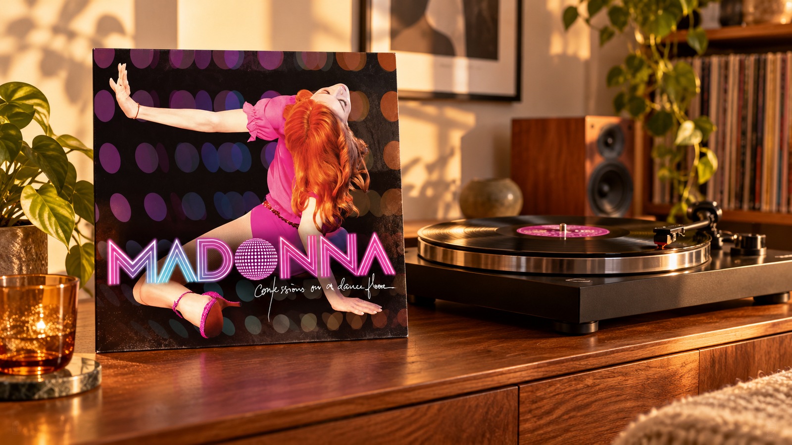 Madonna Confessions on a Dance Floor 2LP vinyl in an illustrative listening scene