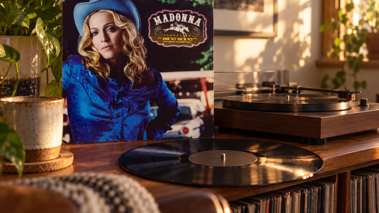 Madonna Music LP vinyl in an illustrative listening scene
