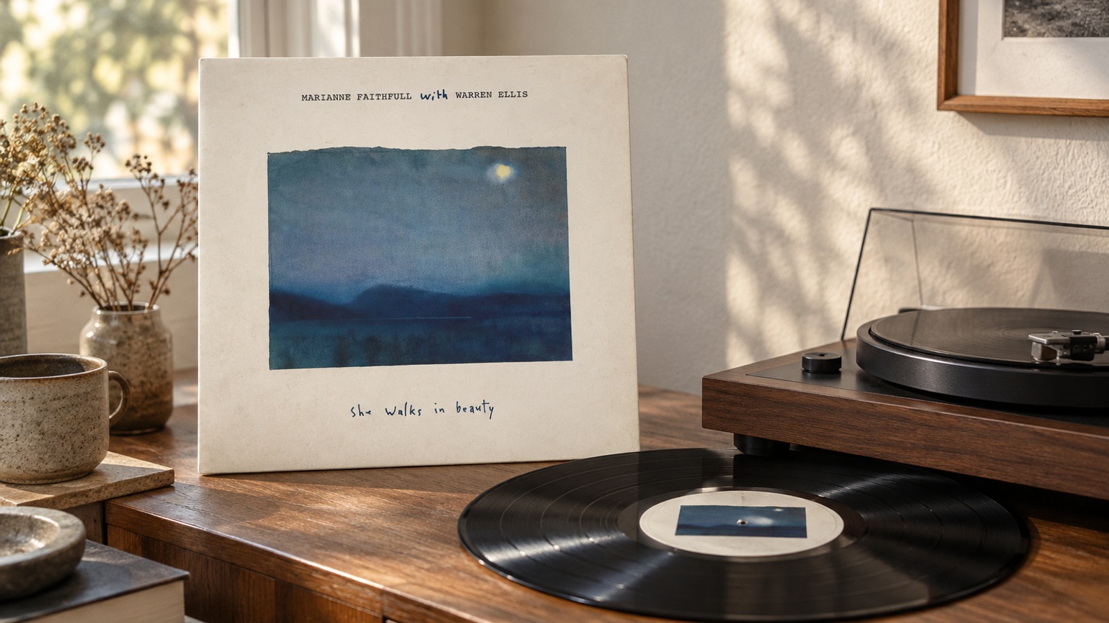 Marianne Faithfull with Warren Ellis She Walks in Beauty 2LP vinyl in an illustrative listening scene