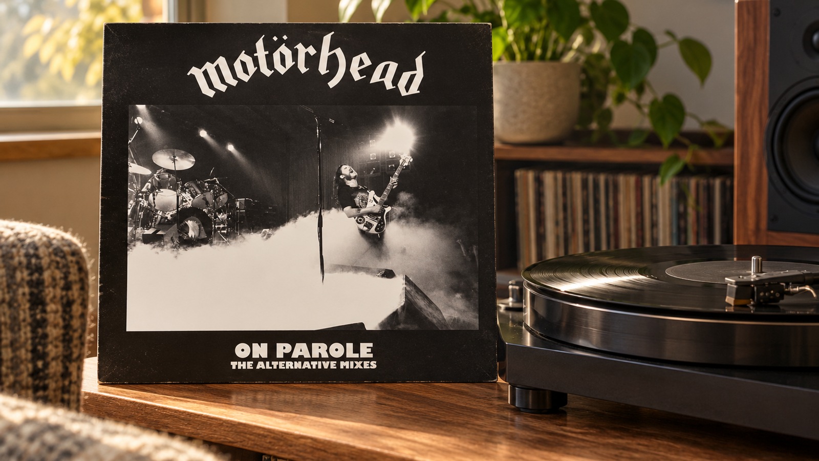 Motörhead On Parole: The Alternative Mixes LP vinyl in an illustrative listening scene