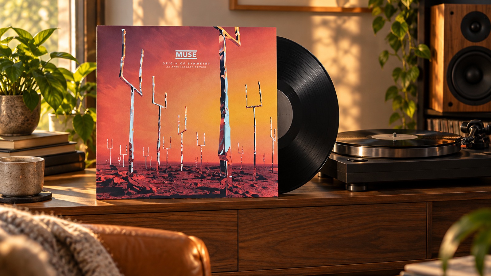 Muse Origin of Symmetry (XX Anniversary RemiXX) 2LP vinyl in an illustrative listening scene
