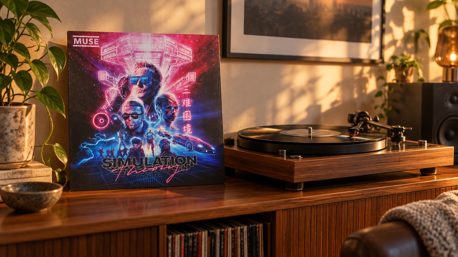 Muse Simulation Theory LP vinyl in an illustrative listening scene