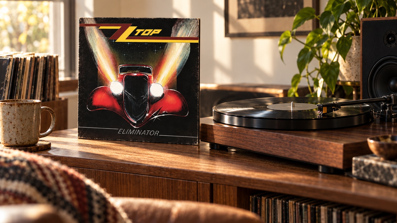 ZZ Top Eliminator (40th Anniversary Edition) LP vinyl in an illustrative listening scene