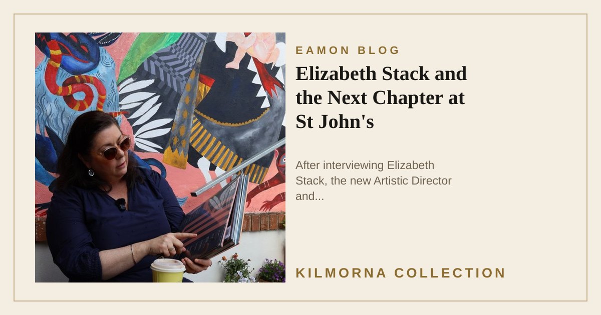 Elizabeth Stack seated outdoors in front of a colourful mural during a Kilmorna Collection interview