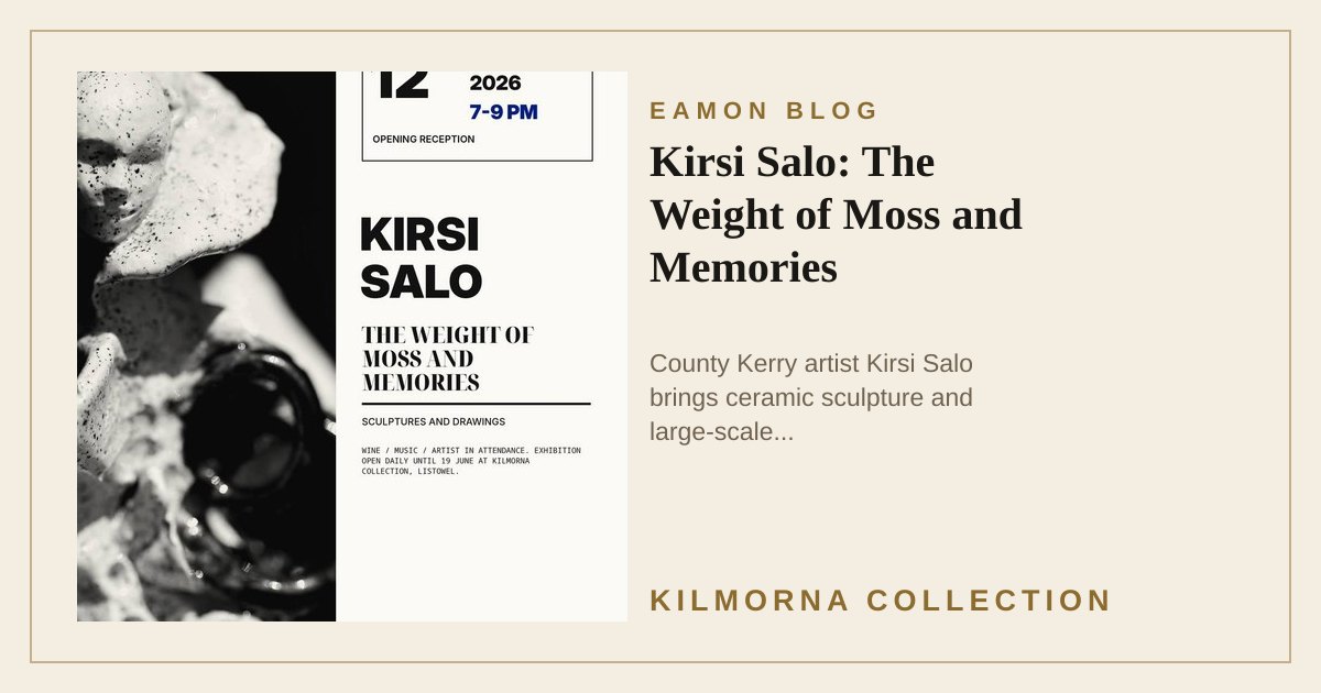 Poster for Kirsi Salo exhibition The Weight of Moss and Memories at The Kilmorna Collection, with a black and white ceramic sculpture image