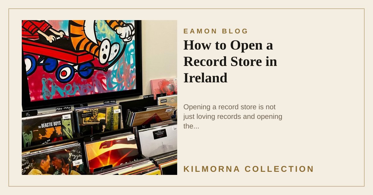 Vinyl records in browsing boxes at The Kilmorna Collection beneath colourful framed artwork