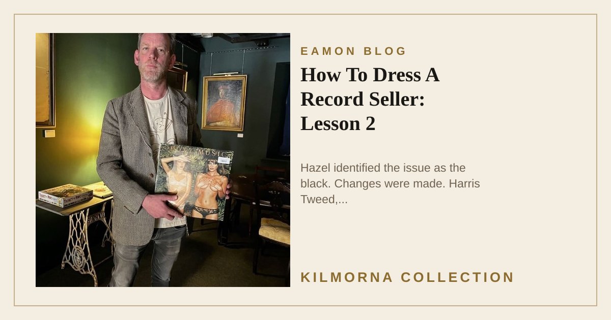 Eamon Lane wearing Harris Tweed and holding a Roxy Music record inside The Kilmorna Collection