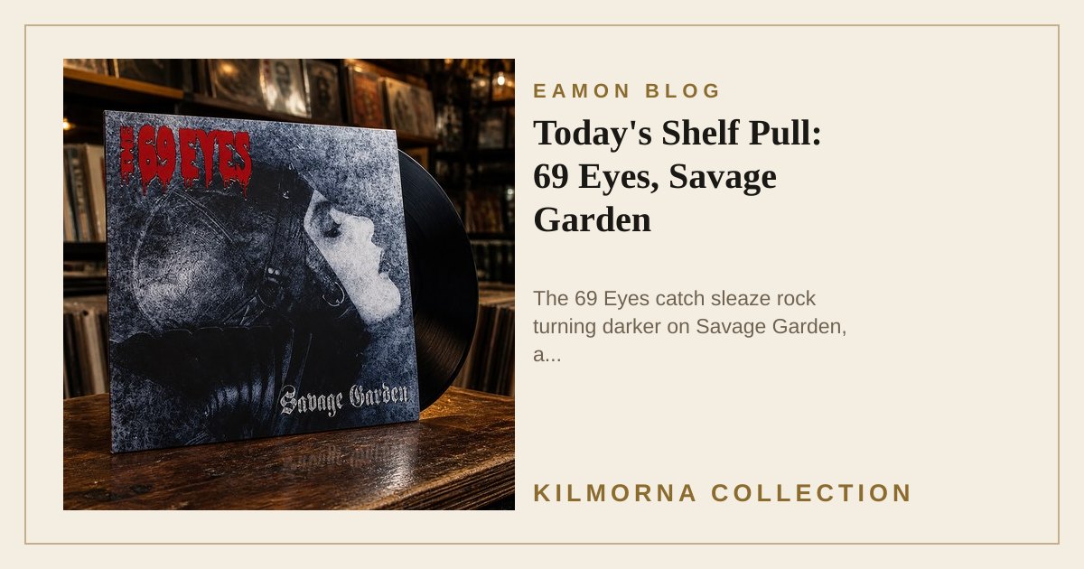 The 69 Eyes Savage Garden vinyl sleeve standing on a warm record shop counter with a black record behind it.