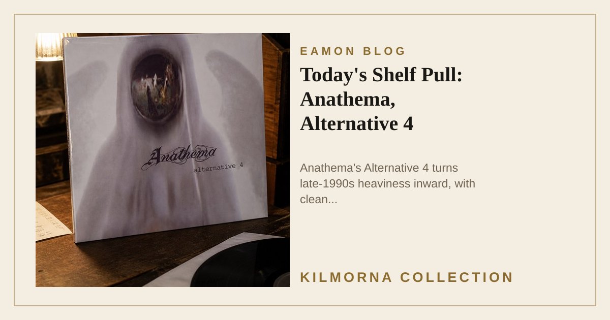 Anathema Alternative 4 LP sleeve standing on a warm record shop counter beside vinyl crates and a turntable.