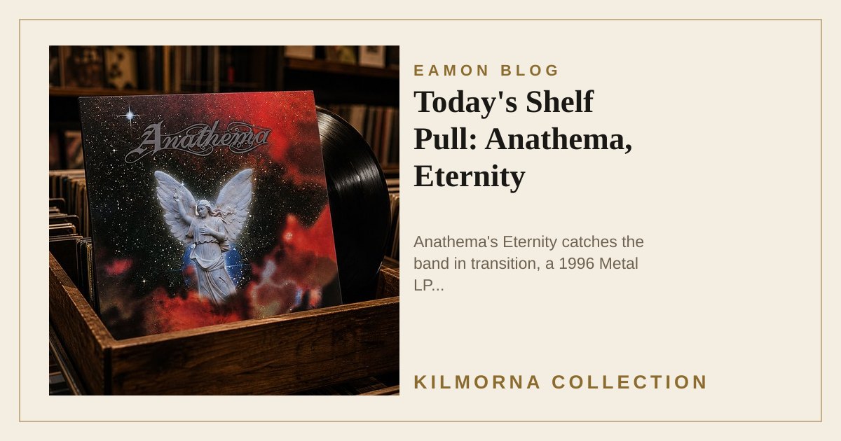 Anathema Eternity vinyl LP sleeve standing on a warm record shop counter with the angel artwork visible