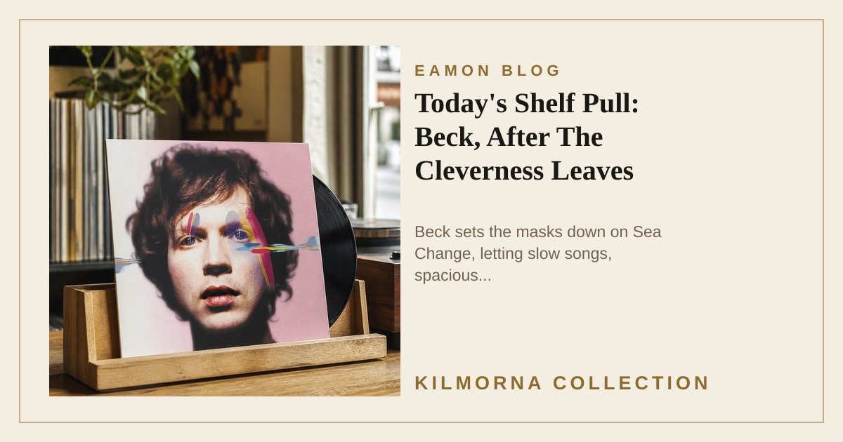 Beck Sea Change vinyl sleeve standing in a warm record shop counter scene with a black record behind it